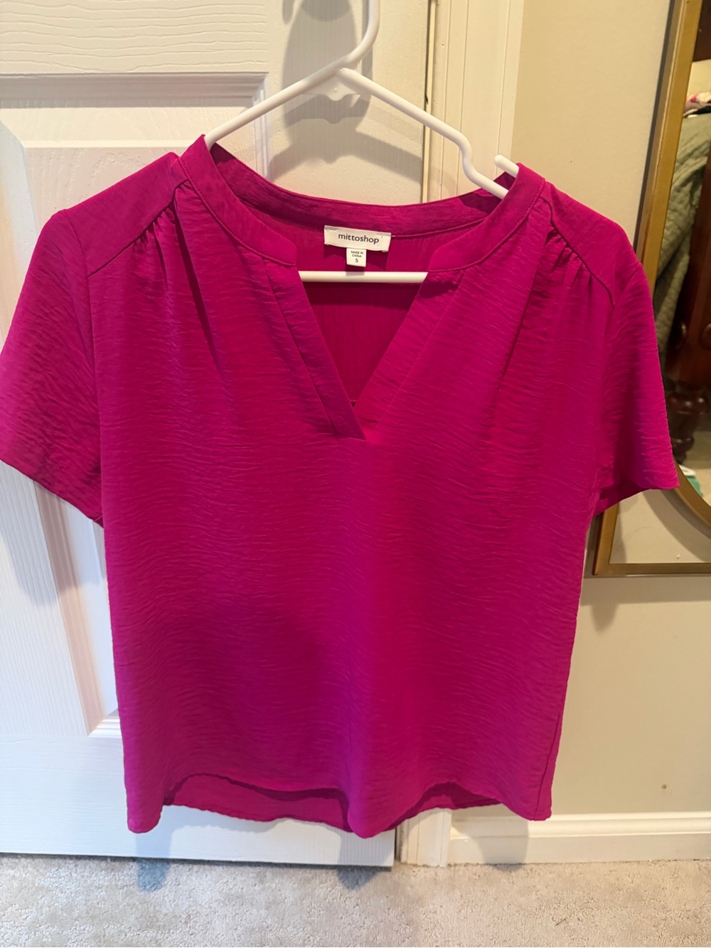 mittoshop Bright Fuchsia V-Neck Short Sleeve Blouse